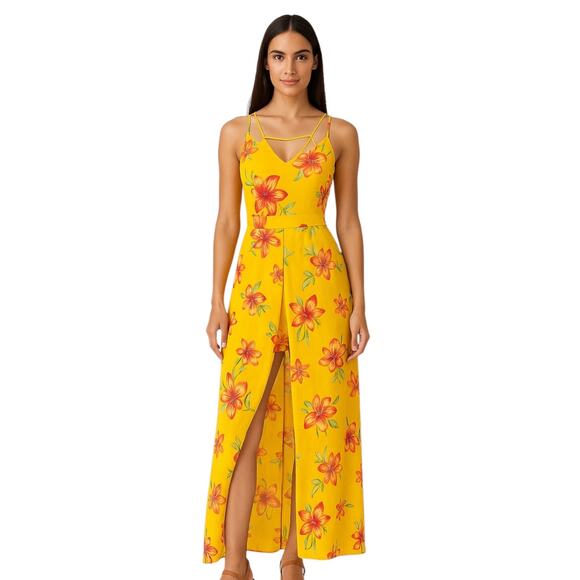 Guess Yellow Floral Sleeveless Cami Camisole Tank Skort Skirt Romper Shorts L - Picture 1 of 7